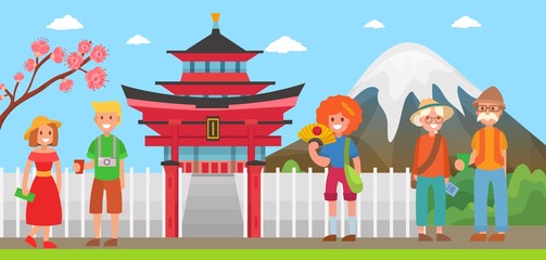 Japan tourism and travel concept vector illustration. Different happy tourists coming in Japan near landmarks and symbols. Mount Fudjiyama, sakura, pagoda.