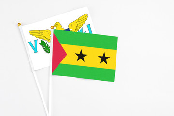 Sao Tome And Principe and United States Virgin Islands stick flags on white background. High...