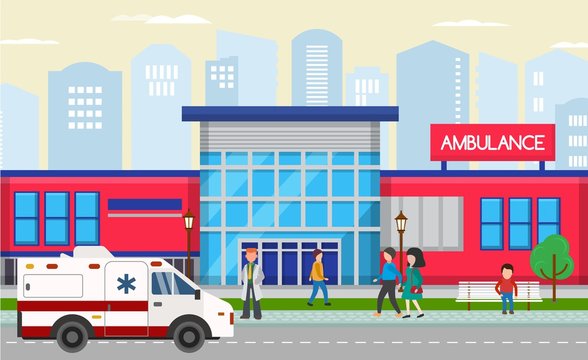 Ambulance first aid emergency medical station modern building vector illustration. Ambulance car, doctor and other people. Life saving and medical treatment.