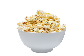 Popcorn in white big bowl isolated on white background