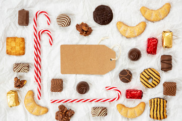 One Brown Label With Copy Space. Christmas Candy Collection With Homemade Cookies.