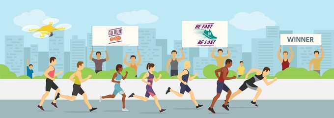 Running jogging marathons competitions race vector illustration. Sport runners group men and women in motion. Running man finishing first. City background.
