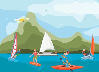 Different ships and vessels for water activity vector illustration. Water sportsmen people and kinds of sports surfing, windsurfing, kayaking, yachting and wakeboarding.