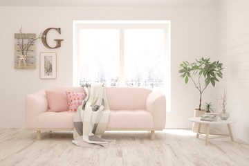 Stylish room in white color with sofa. Scandinavian interior design. 3D illustration