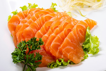 Detail Fresh salmon fish at restaurant very delicious. Japanese foods sashimi.