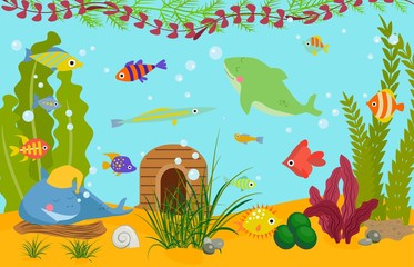 Naklejka na ściany i meble Tropical fishes underwater world wildlife sea, ocean, marine, aquarium vector illustration. Colorful funny cartoon decorative fishes and algae aquatic life wallpaper.