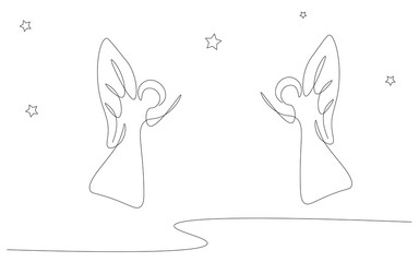 Christmas angel silhouette line drawing, vector illustration