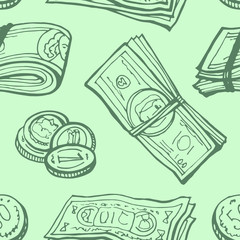 Doodle money seamless pattern background. Hand draw vector illustration.