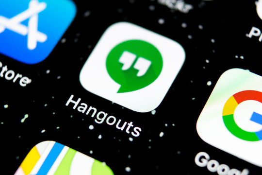 Sankt-Petersburg, Russia, February 3, 2019: Google Hangouts application icon on Apple iPhone X smartphone screen close-up. Google hangouts app icon. Social network. Social media icon
