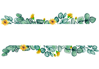 Watercolor hand painted nature flora banner frame with yellow flowers and green leaves and branches of eucalyptus for invitation and with place on a white background.