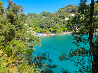 Fototapeta na wymiar beach known as paraggi near portofino in genoa on a blue sky and sea background