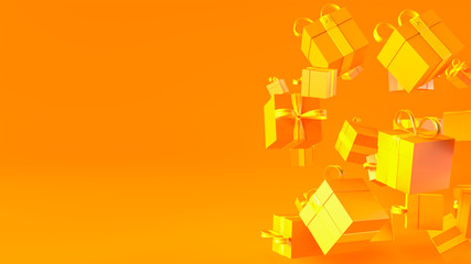 Orange Gift Boxes with a yellow ribbon on the right. On an orange background. Orange room. 3d render
