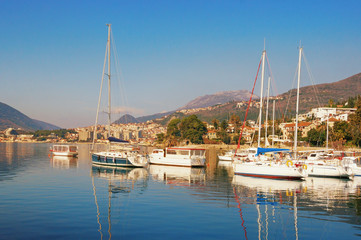 Obraz premium Sunny winter, beautiful Mediterranean landscape. Montenegro, Adriatic Sea, Bay of Kotor, view of Herceg Novi city