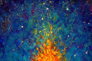 Abstract fire oil painting illustration. Flames of a bonfire against Beautiful night starry sky, Blue Cosmos, galaxy, stars. Colorful space background artwor Impressionism. - obrazy, fototapety, plakaty