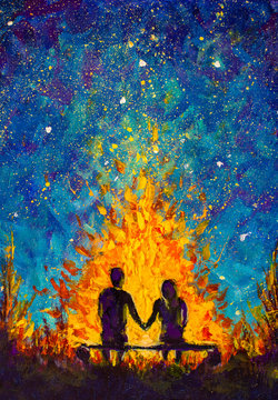 Oil painting of young couple in love holding hands sitting on bench near bonfire fire in Beautiful night starry sky, Blue Cosmos, galaxy, stars, acrylic sketch on canvas texture