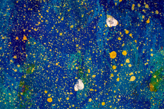 Beautiful night starry sky, Blue Cosmos, galaxy, stars - enlarged fragment of acrylic painting on canvas. Colorful space background artwork. Colorful Impressionism.