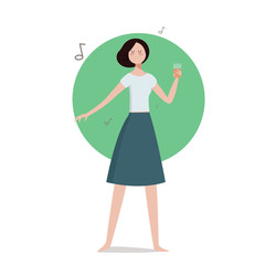 Brunette Office Girl Cartoon Character Illustration Holding Glss of Drink, Smiling and Wearing Fancy Office Clothes: Skirt and Blue Blouse