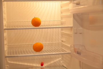 Two oranges are in empty fridge. Light is on.