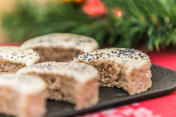 Cakes for christmas. Sweet cakes at a bakery for Christmas eve. Christmas winter food composition
