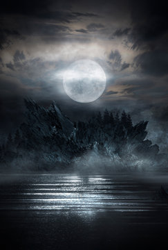 Night landscape, dark forest, river. Night sky, mountains. Reflection in the water of moonlight. Dark natural background. 