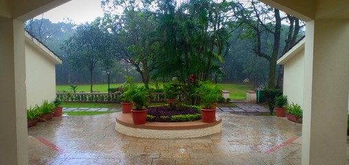 Resort garden view in rain 