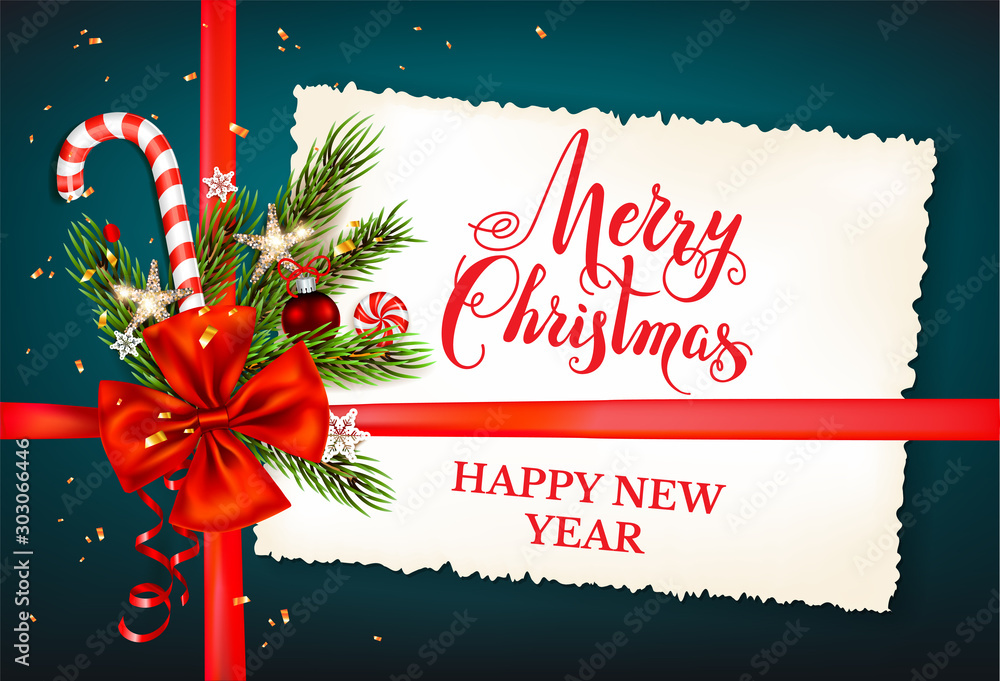 Fototapete Christmas fir tree branches and ribbon