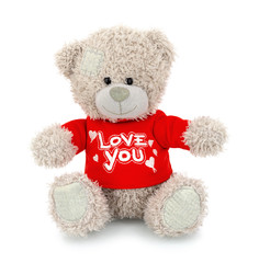 Cute bear doll with red LOVE YOU shirt isolated on white background with shadow reflection. Playful bright brown bear sitting on white underlay. Teddy bear plush stuffed puppet toy.