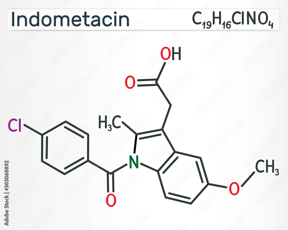 Poster Indometacin molecule, is a nonsteroidal anti-inflammatory NSAID drug. Structural chemical formula.