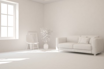 Mock up of stylish room in white color with sofa. Scandinavian interior design. 3D illustration