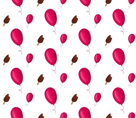 Seamless background with balloons and ice cream on a stick. Children's holiday. Isolated on white background. Printing on gift bags, bookends, packaging, wrappers, fabric.