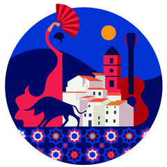 Andalucian vector circle emblem with flamenco dancing woman - obrazy, fototapety, plakaty