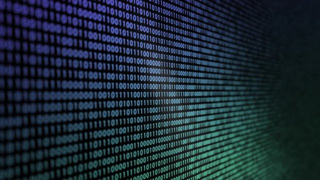 Wall of animated binary digits with split tone colour and selective focus