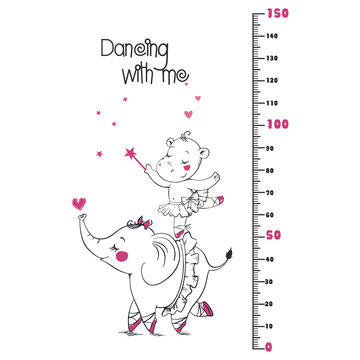 Kids height ruler with q elephant and q hippo for wall decals, wall stickers - Vector