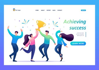 The business team celebrates success. People jump and rejoice at the prize, the Cup. Flat 2D character. Landing page concepts and web design