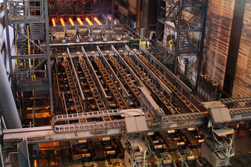 Continuos steel casting plant in large steelworks. 