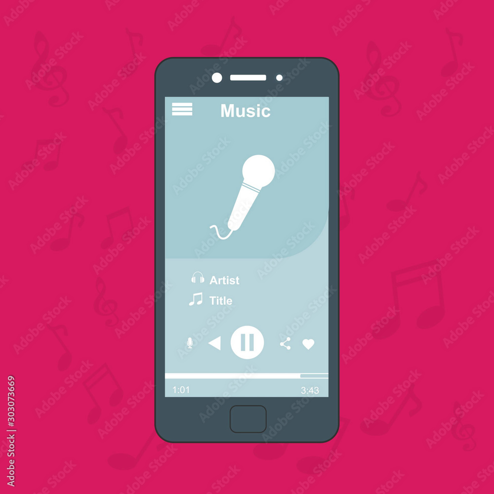 Poster modern minimalistic media player flat ui, gui. playing audio, radio. phone display