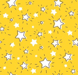 Contour stars, seamless yellow pattern, vector. Contour, shining stars with rays on the yellow field. Imitation of a freehand drawing.  