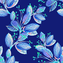 Fototapeta premium Twigs and leaves with berries, seamless pattern.