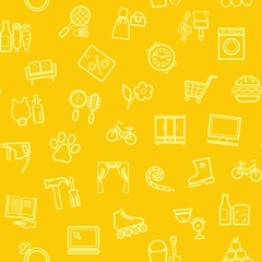 Shops, seamless pattern, color, linear, yellow, vector. Different product categories. Yellow icons on a yellow field.  
