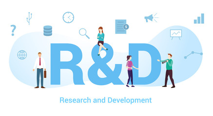 r&d research and development concept with big word or text and team people with modern flat style - vector