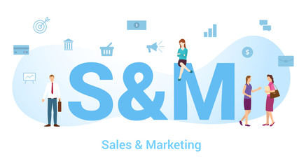 s&m sales and marketing concept with big word or text and team people with modern flat style - vector