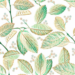 Fototapeta premium Twigs and leaves with berries, seamless pattern.