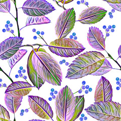 Fototapeta na wymiar Twigs and leaves with berries, seamless pattern.
