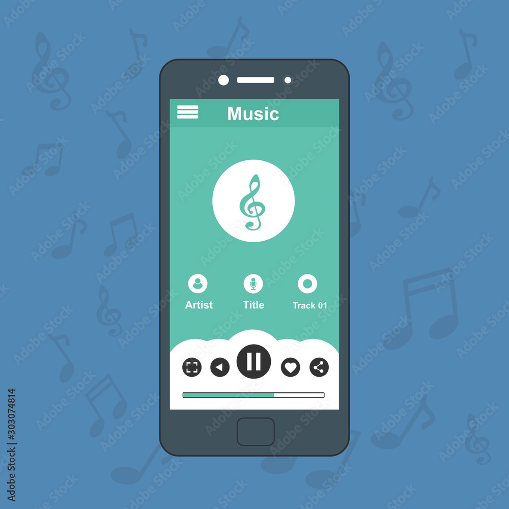 Aufkleber mobile music application with smartphone icon interface with panel control in modern flat design tem