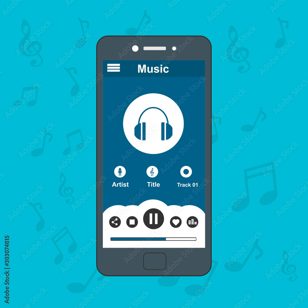 Poster mobile music application with smartphone icon interface with panel control in modern flat design tem