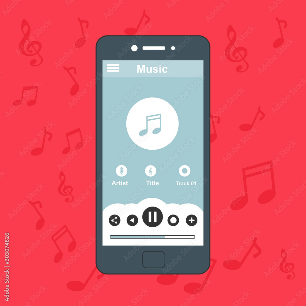 Poster mobile music application with smartphone icon interface with panel control in modern flat design tem