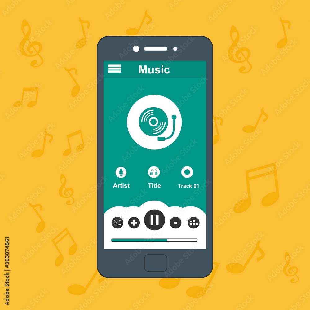 Poster mobile music application with smartphone icon interface with panel control in modern flat design tem