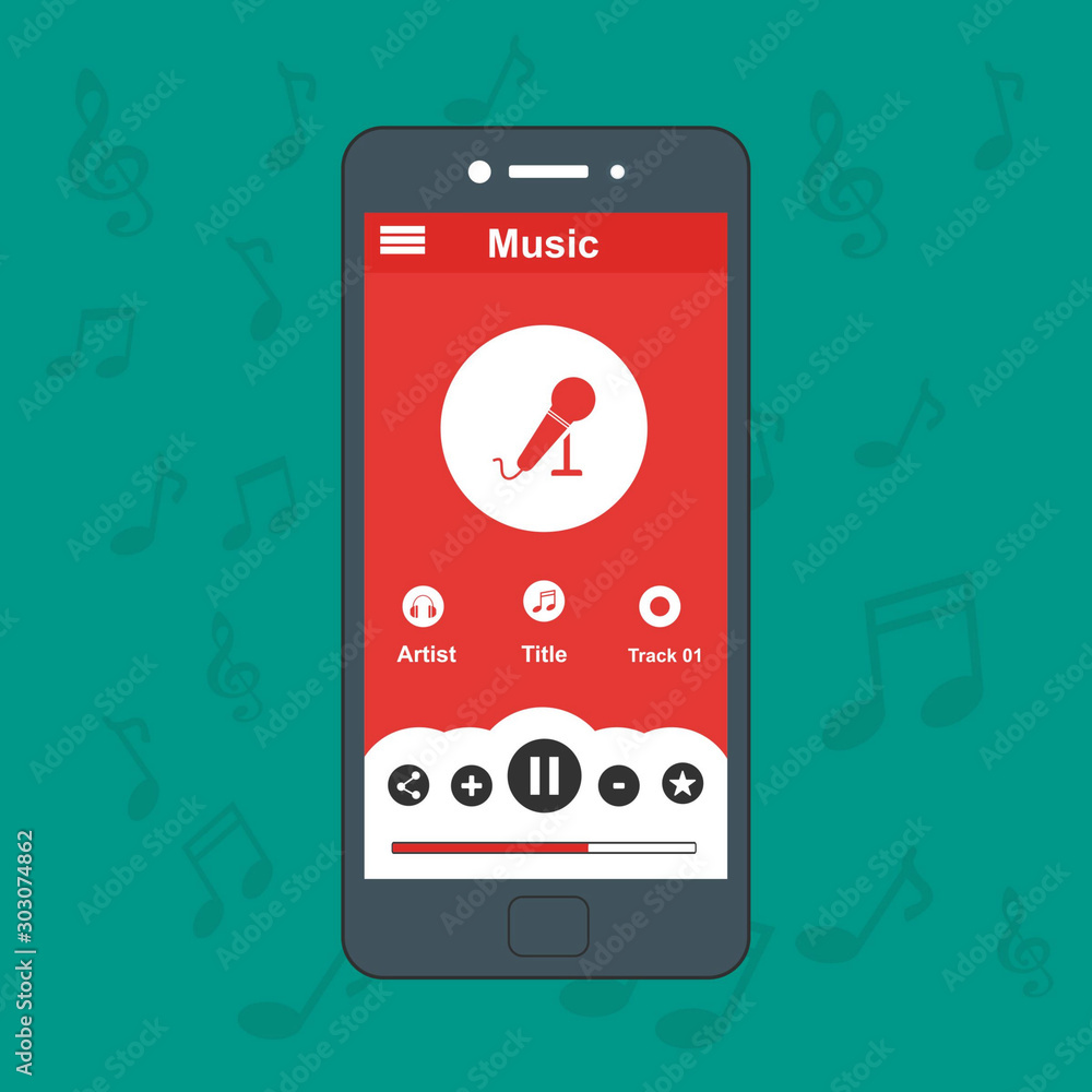 Poster mobile music application with smartphone icon interface with panel control in modern flat design tem