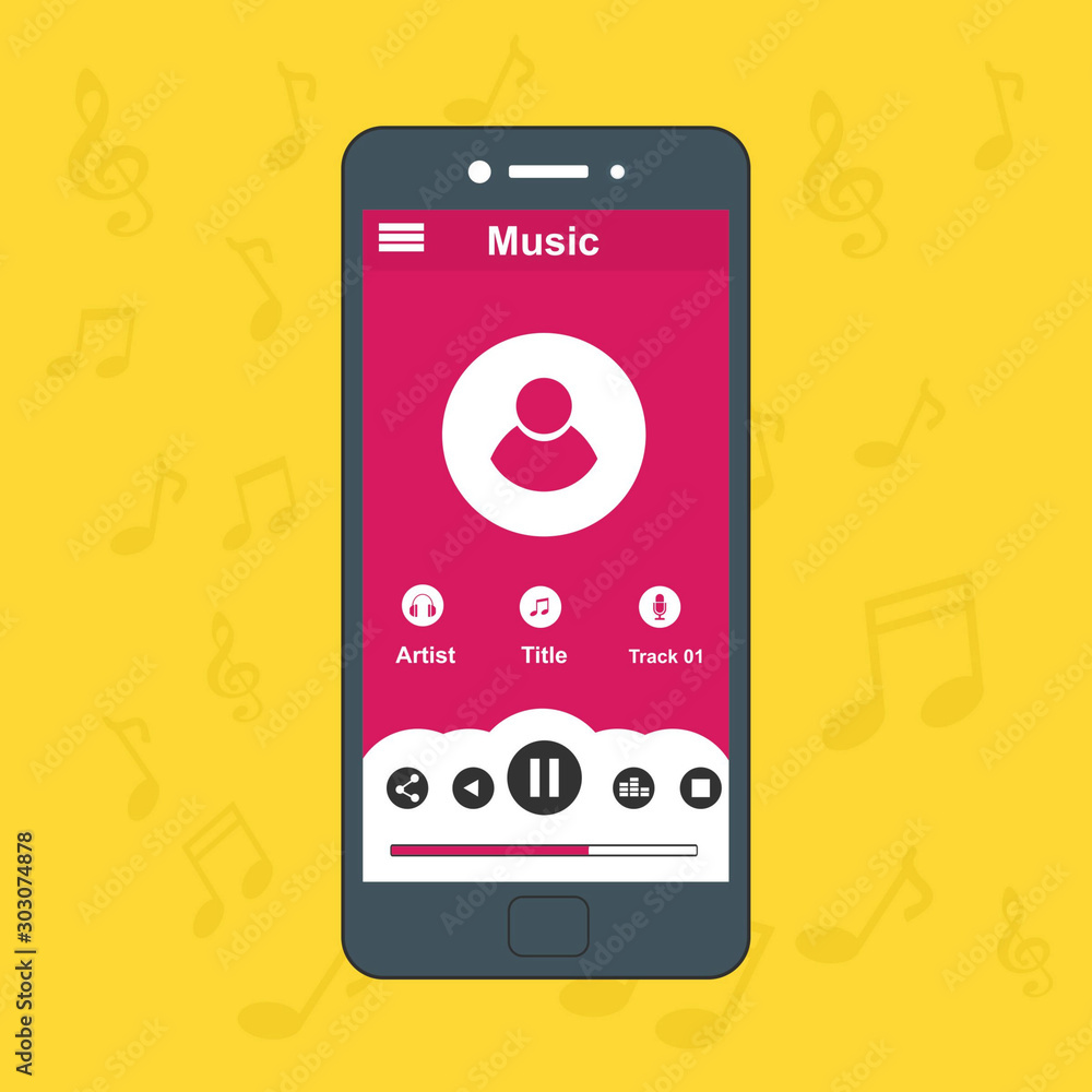 Aufkleber mobile music application with smartphone icon interface with panel control in modern flat design tem
