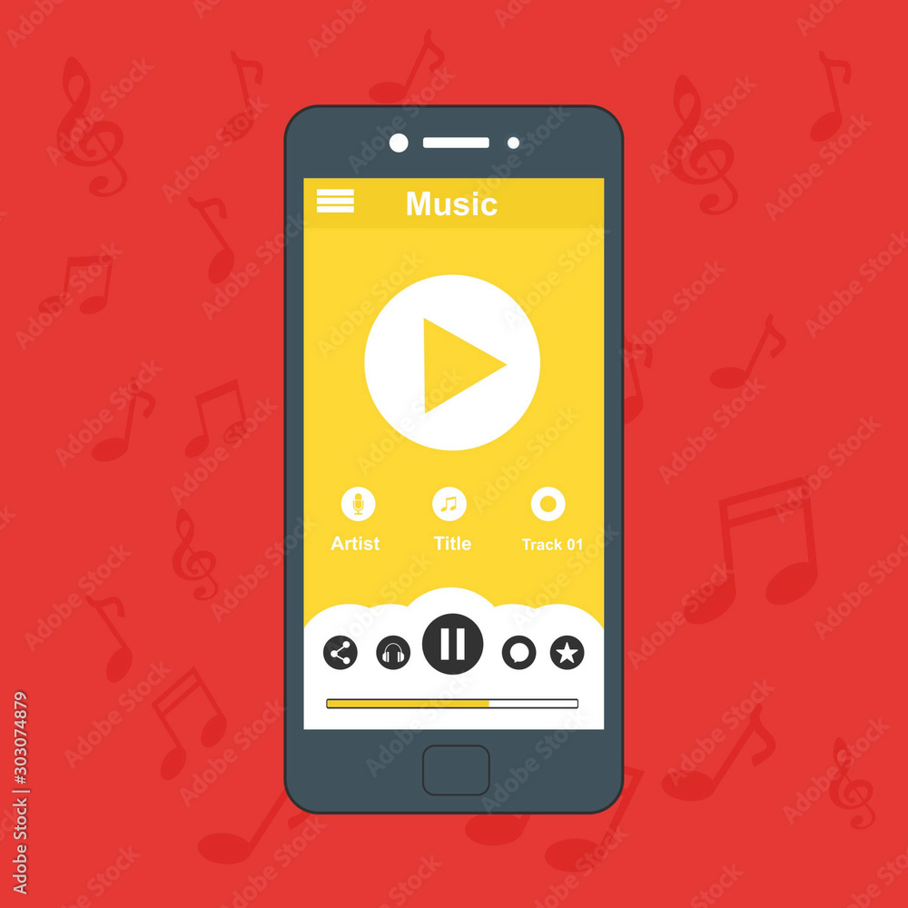 Poster mobile music application with smartphone icon interface with panel control in modern flat design tem